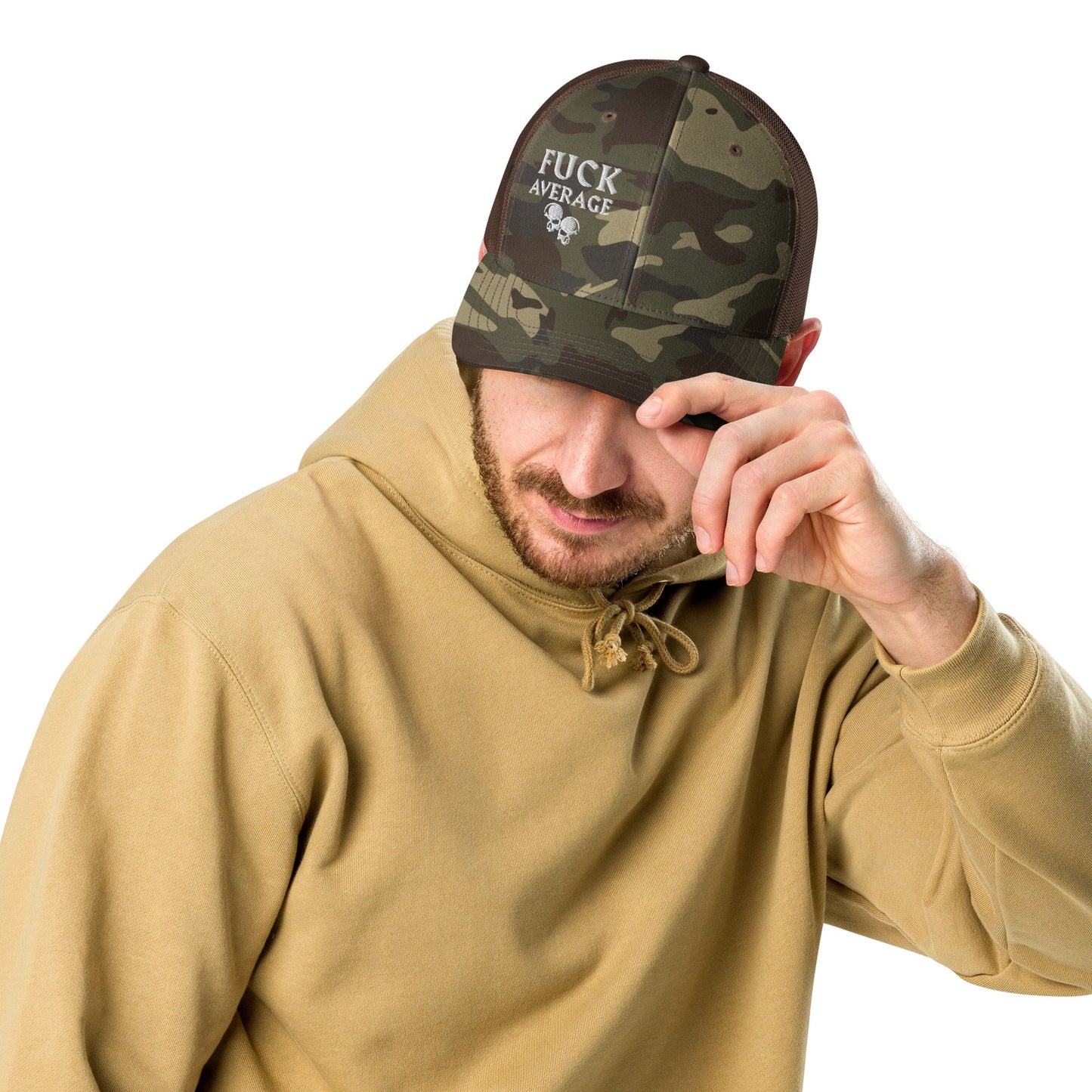 F**k Average Camouflage Men's Trucker Hat - Restless Twins Apparel Co.